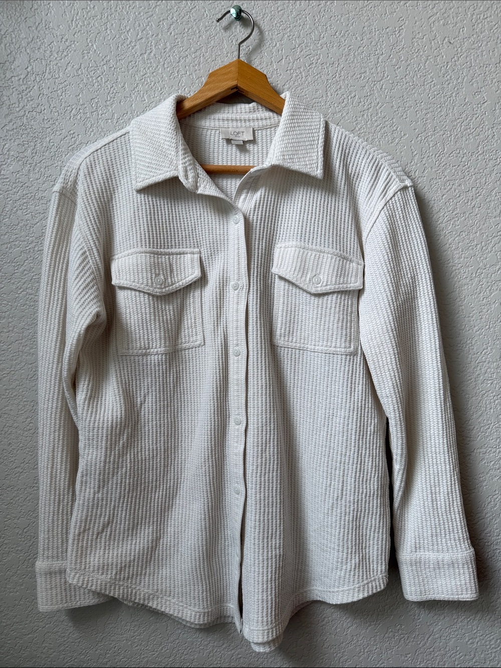 Loft Button Up Long Sleeve Shirt Waffle Knit Cream size Womens Small
